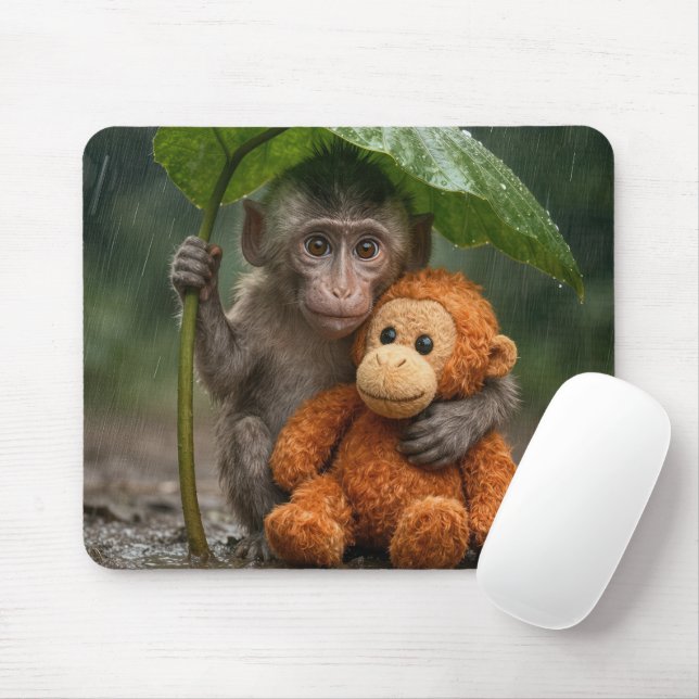 Macaque Monkey with a Stuffed Orangutan Mouse Pad (With Mouse)