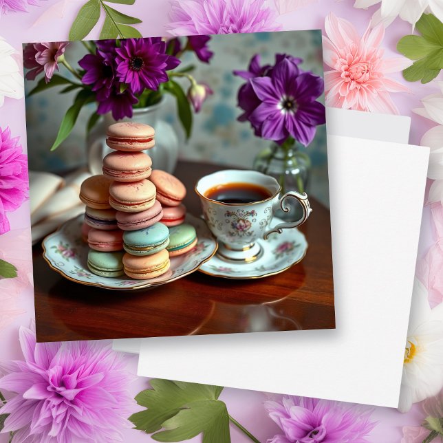 Macaron, Coffee and Vase of Purple Flowers Card (Creator Uploaded)