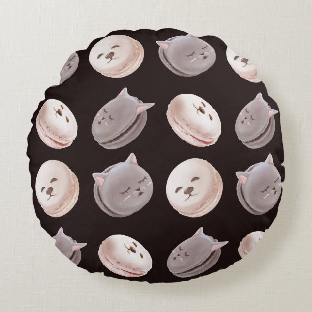 Macaron Parade – Kitty & Puppy Seamless Pattern Round Cushion (Front)