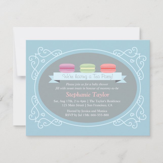 Macaron Tea Party Baby Shower, Blue and Grey Invitation (Front)