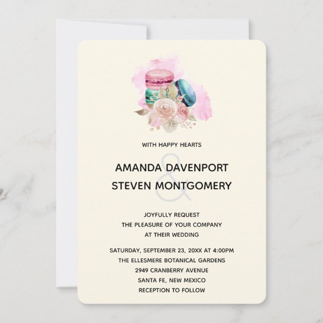 Macarons and Flowers Watercolor Wedding Invitation (Front)