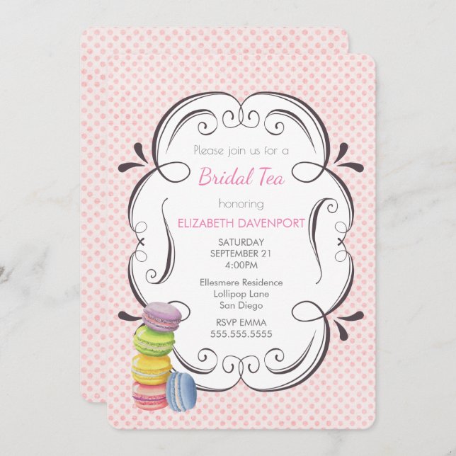 Macarons and Pink Polka Dots Bridal Tea Invitation (Front/Back)