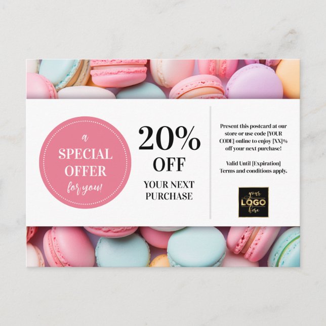 Macarons Bakery Baker Custom Coupon Discount Postcard (Front)