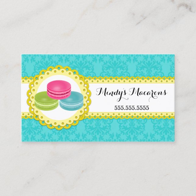 Macarons Bakery Damask Scalloped Border Business Card (Front)