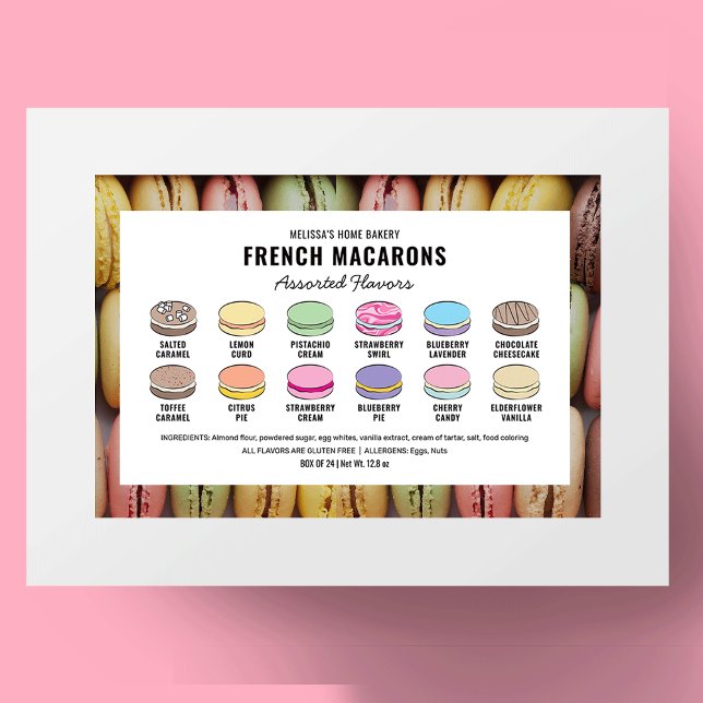 Macarons Flavour Menu Label Custom Colours (Macaron Flavors Product Label with macarons clipart which allow you to edit all colors and text)