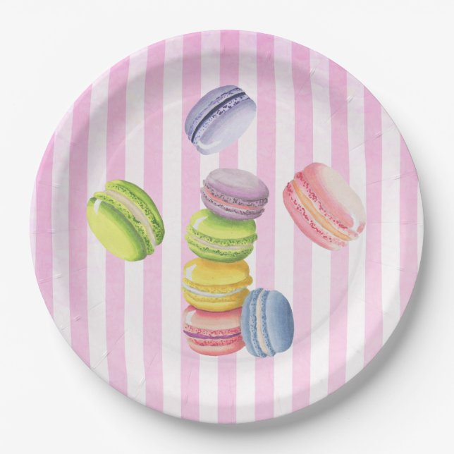 Macarons French Pastry in Pastel Watercolors Paper Plate (Front)
