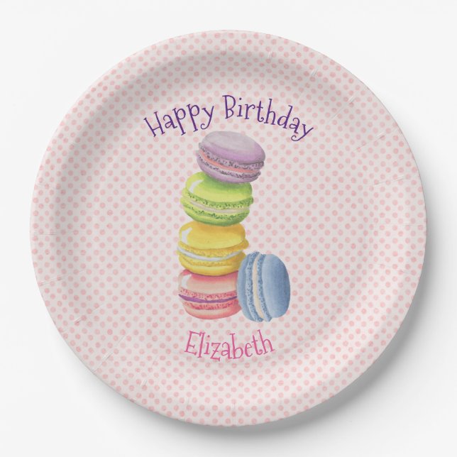 Macarons French Pastry Polka Dots Happy Birthday Paper Plate (Front)
