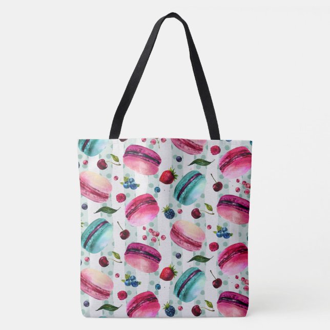 Macarons French Pastry With Berries And Polka Dots Tote Bag (Front)