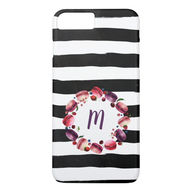 Macarons Wreath Monogram Black White Stripes Case-Mate iPhone Case (Back)