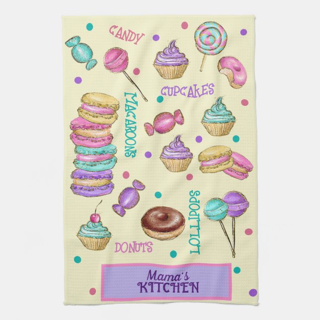 Macaroons Cupcakes Lollipops and Doughnuts Kitchen Tea Towel (Vertical)