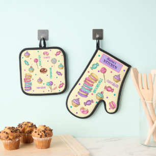 Macaroons Cupcakes Lollipops and Doughnuts Oven Mitt & Pot Holder Set