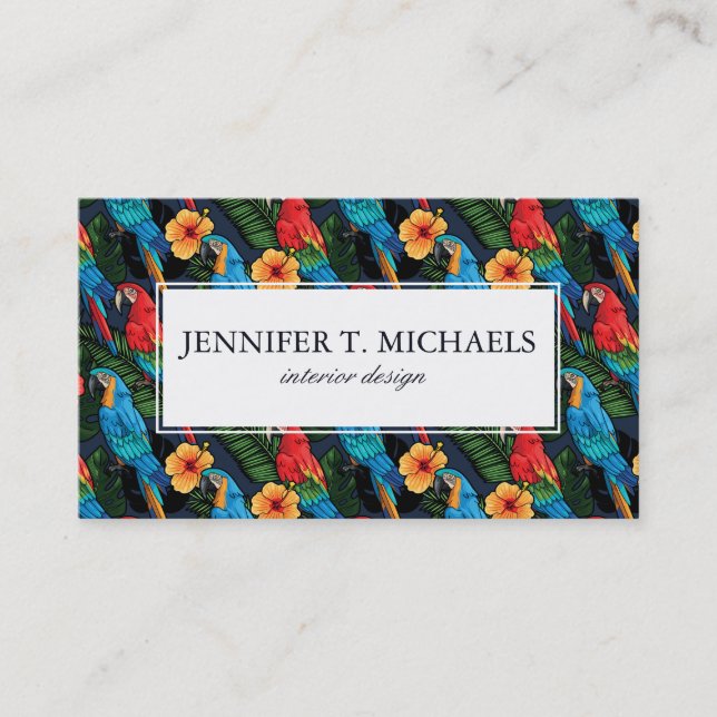 Macaw And Hibiscus Pattern | Add Your Name Business Card (Front)