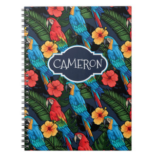 Macaw And Hibiscus Pattern Add Your Name Spiral Notebook