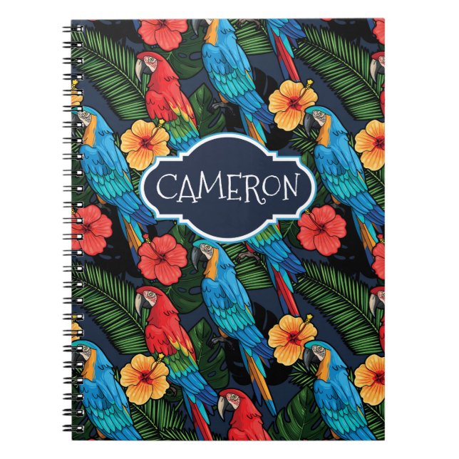 Macaw And Hibiscus Pattern | Add Your Name Spiral Notebook (Front)