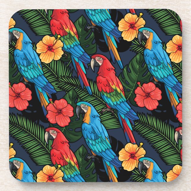 Macaw And Hibiscus Pattern Coaster (Front)