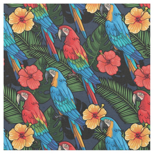 Macaw And Hibiscus Pattern Fabric (Close Up)