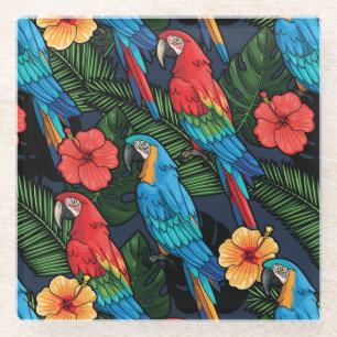 Macaw And Hibiscus Pattern Glass Coaster