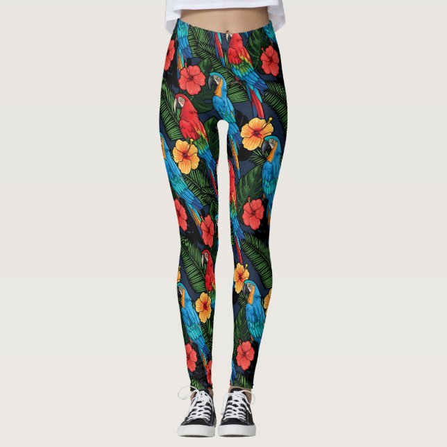 Macaw And Hibiscus Pattern Leggings (Front)