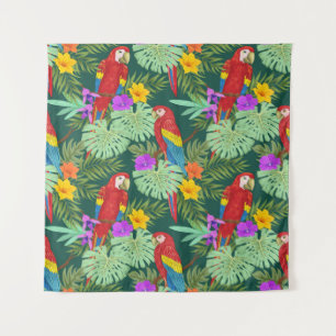 Macaw and tropical plant with flowers seamless pat tapestry