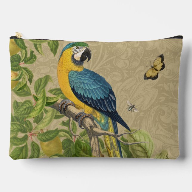 Macaw Blue Yellow Tropical Jungle Antique Accessory Pouch (Front)