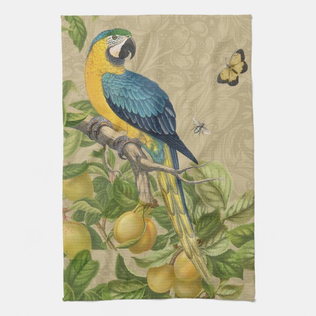 Macaw Blue Yellow Tropical Jungle Antique Tea Towel (Vertical)