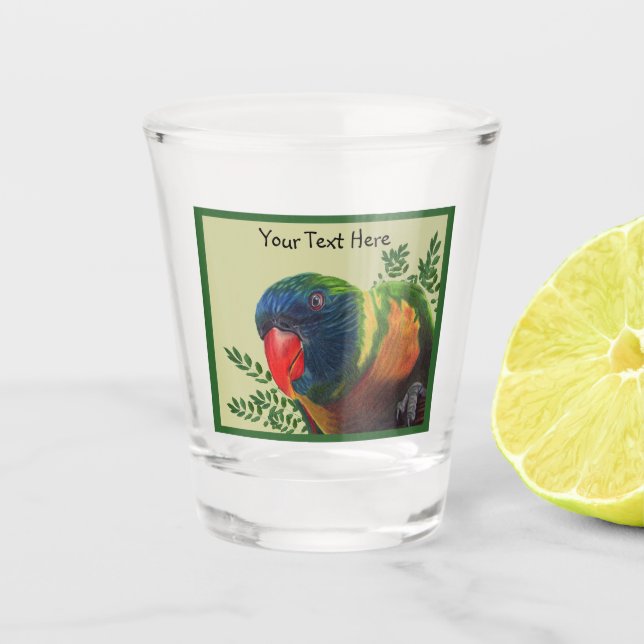 Macaw Parrot Colourful Feathers Green Border leave Shot Glass (Front)