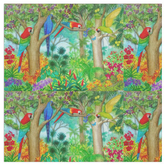 Macaw Parrot. Tropical Jungle Combed Cotton Fabric