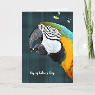 Macaw parrot with bubbles on plaid's Day Card