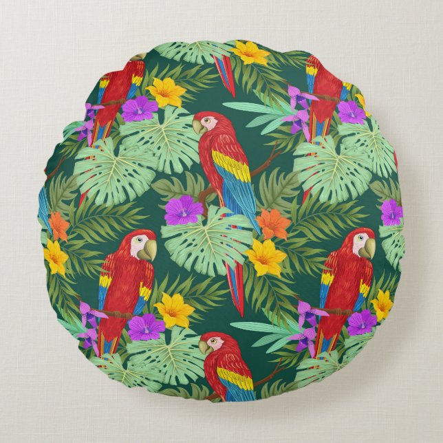 Macaw, tropical plants: seamless pattern. round cushion (Front)