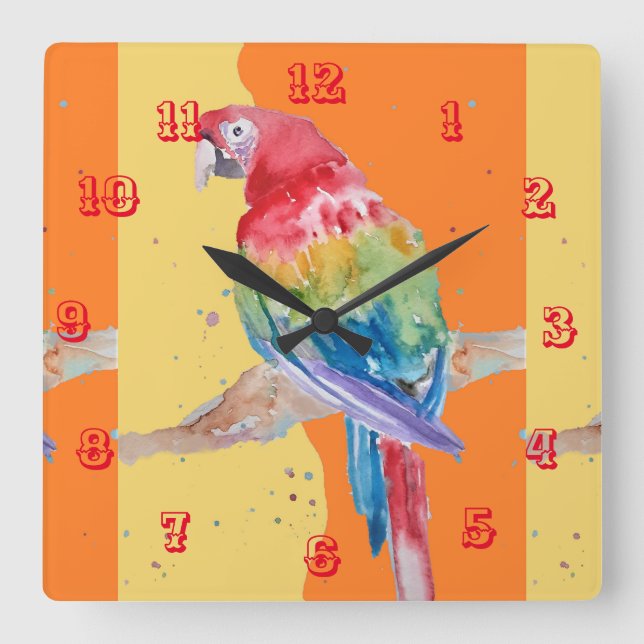 Macaw Watercolor Parrot Bird Childrens Room Clock (Front)