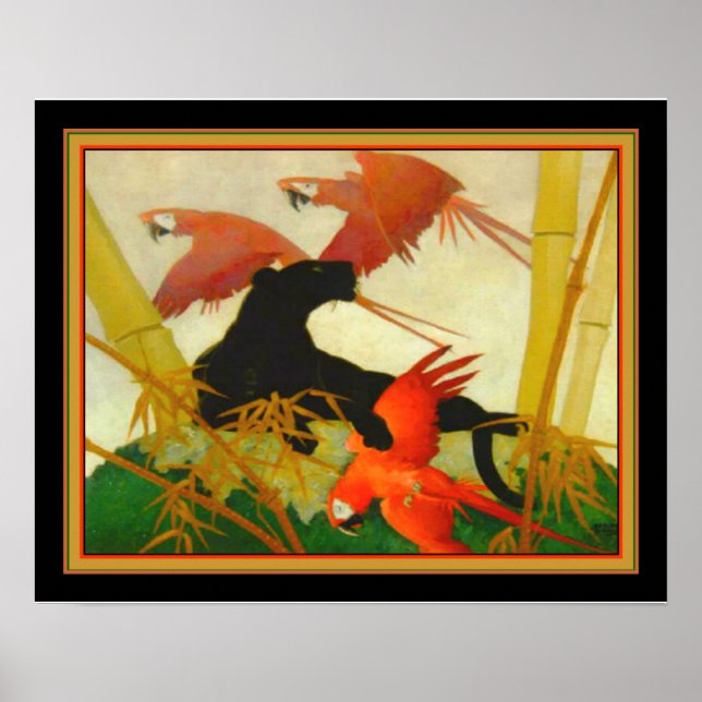 "Macaws & Panther" Stark Davis Art Deco Print (Front)