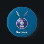 Maccabee Shield And Spears 6 Cm Round Badge<br><div class="desc">A depiction of a Maccabee's shield and two spears. The shield is adorned by a lion and text reading "Yisrael" (Israel) in the Paleo-Hebrew alphabet. English text reading "Maccabee" also appears. The Maccabees were Jewish rebels who freed Judea from the yoke of the Seleucid Empire. Chanukkah is not just a...</div>