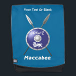 Maccabee Shield And Spears Backpack<br><div class="desc">Chag Sameach! A depiction of a Maccabee's shield and two spears. The shield is adorned by a lion and text reading "Yisrael" (Israel) in the Paleo-Hebrew alphabet. English text reading, "Maccabee" also appears. You may also add your own additional text. The Maccabees were Jewish rebels who freed Judea from the...</div>