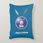 Maccabee Shield And Spears Decorative Cushion<br><div class="desc">A depiction of a Maccabee's shield and two spears. The shield is adorned by a lion and text reading "Yisrael" (Israel) in the Paleo-Hebrew alphabet. English text "Maccabee" also appears. Add your own text on the reverse side. The Maccabees were Jewish rebels who freed Judea from the yoke of the...</div>