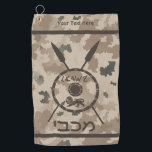 Maccabee Shield And Spears - Desert Golf Towel<br><div class="desc">A military brown "subdued" style depiction of a Maccabee's shield and two spears on a desert camo background. The shield is adorned by a lion and text reading "Yisrael" (Israel) in the Paleo-Hebrew alphabet. Modern Hebrew text reading "Maccabee" also appears. Add your own additional text. The Maccabees were Jewish rebels...</div>