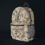 Maccabee Shield And Spears - Desert  Printed Backpack<br><div class="desc">A military brown "subdued" style depiction of a Maccabee's shield and two spears on a desert camo background. The shield is adorned by a lion and text reading "Yisrael" (Israel) in the Paleo-Hebrew alphabet. Hebrew text reading "Maccabee" also appears. Customise by adding your own additional text. The Maccabees were Jewish...</div>