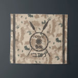 Maccabee Shield And Spears - Desert Tapestry<br><div class="desc">A military brown "subdued" style depiction of a Maccabee's shield and two spears on a desert camo background. The shield is adorned by a lion and text reading "Yisrael" (Israel) in the Paleo-Hebrew alphabet. Modern Hebrew text reading "Maccabee" also appears. The Maccabees were Jewish rebels who freed Judea from the...</div>