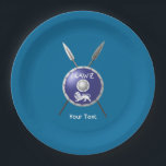 Maccabee Shield And Spears Paper Plate<br><div class="desc">For your Chanukkah party. A depiction of a Maccabee's shield and two spears. The shield is adorned by a lion and text reading "Yisrael" (Israel) in the Paleo-Hebrew alphabet. Add your own additional text. Customisable text reading "Happy Chanukkah!" also appears on the reverse side. The Maccabees were Jewish rebels who...</div>
