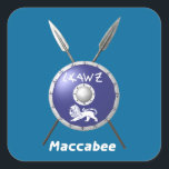 Maccabee Shield And Spears Square Sticker<br><div class="desc">Chag Sameach! A depiction of a Maccabee's shield and two spears. The shield is adorned by a lion and text reading "Yisrael" (Israel) in the Paleo-Hebrew alphabet. English text reading, "Maccabee" also appears. The Maccabees were Jewish rebels who freed Judea from the yoke of the Seleucid Empire. Chanukkah is not...</div>