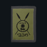 Maccabee Shield And Spears Tri-fold Wallet<br><div class="desc">A black military "subdued" style depiction of a Maccabee's shield and two spears. The shield is adorned by a lion and text reading "Yisrael" (Israel) in the Paleo-Hebrew alphabet. Hebrew text reading "Maccabee" also appears. The Maccabees were Jewish rebels who freed Judea from the yoke of the Seleucid Empire. Chanukkah...</div>