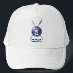 Maccabee Shield And Spears Trucker Hat<br><div class="desc">A depiction of a Maccabee's shield and two spears. The shield is adorned by a lion and text reading "Yisrael" (Israel) in the Paleo-Hebrew alphabet. "Maccabee" also appears in modern Hebrew. The Maccabees were Jewish rebels who freed Judea from the yoke of the Seleucid Empire. Chanukkah is not just a...</div>