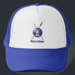 Maccabee Shield And Spears Trucker Hat<br><div class="desc">A depiction of a Maccabee's shield and two spears. The shield is adorned by a lion and text reading "Yisrael" (Israel) in the Paleo-Hebrew alphabet. English text reading "Maccabee" also appears. The Maccabees were Jewish rebels who freed Judea from the yoke of the Seleucid Empire. Chanukkah is not just a...</div>