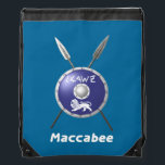 Maccabee Shield Drawstring Bag<br><div class="desc">A depiction of a Maccabee's shield and two spears. The shield is adorned by a lion and text reading "Yisrael" (Israel) in the Paleo-Hebrew alphabet. English text reading "Maccabee" also appears. The Maccabees were Jewish rebels who freed Judea from the yoke of the Seleucid Empire. Chanukkah is not just a...</div>