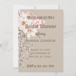 Macchiato Brown Pink Cherry Blossoms Bridal Shower Invitation