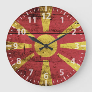 Macedonia Flag on Old Wood Grain Large Clock