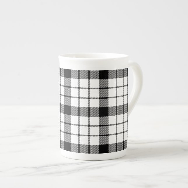 MacFarlane tartan black white plaid Bone China Mug (Front Right)
