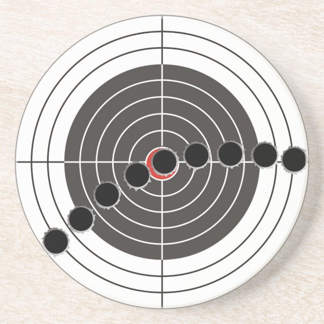 Machine gun bullet holes over shooting target coaster (Front)