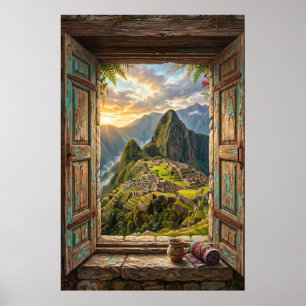 Machu Picchu Sunrise Faux Window Peru Andean Ruins Poster