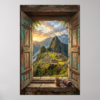 Machu Picchu Sunrise Faux Window Peru Andean Ruins Poster