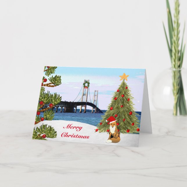 Mackinac Bridge Christmas Card with Fox (Front)